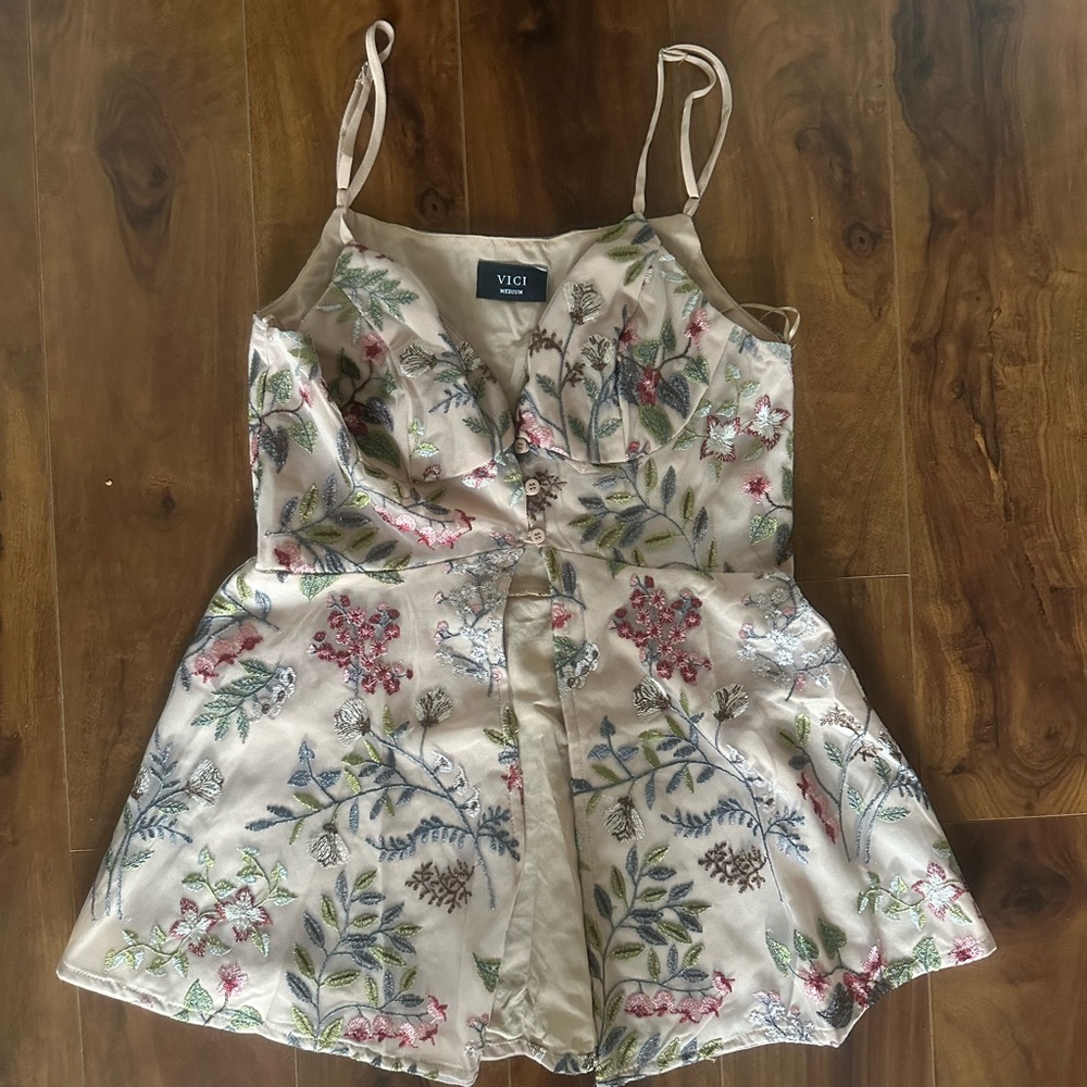 VICI Cream Floral Embroidered Peplum Cami
